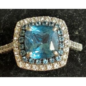 Cushion-Cut Sterling Silver Blue Topaz Blue Diamond And White Topaz Ring Size 7